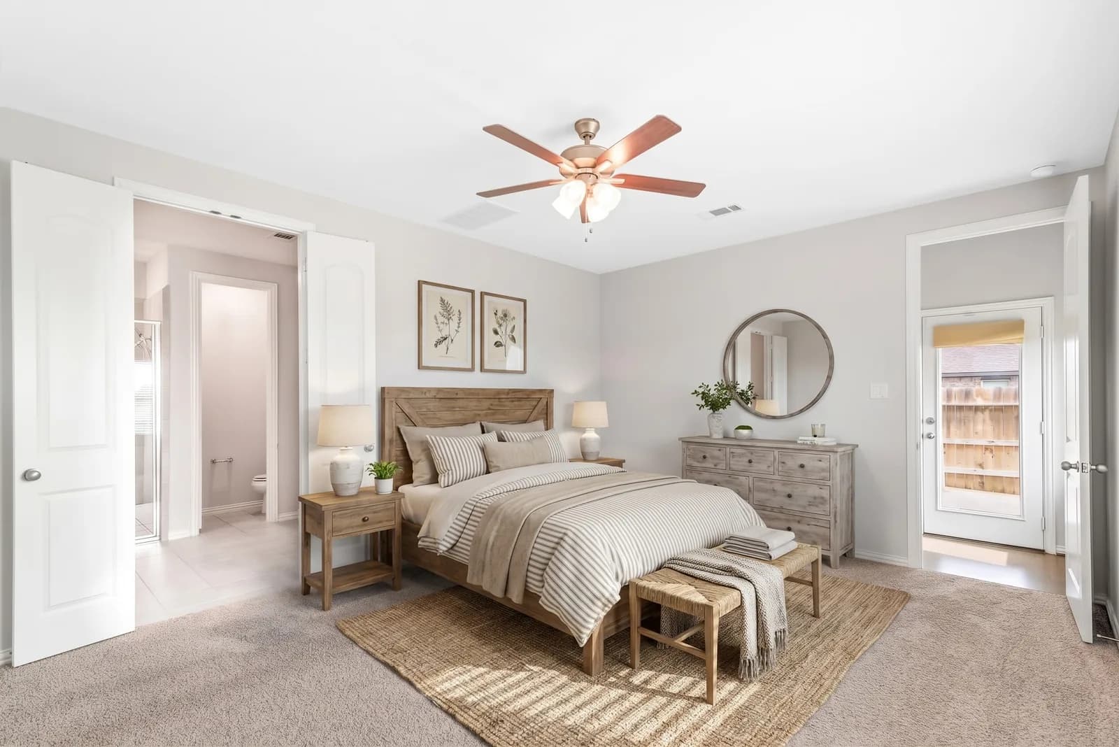 Primary bedroom, virtually staged in a Farmhouse style by AI