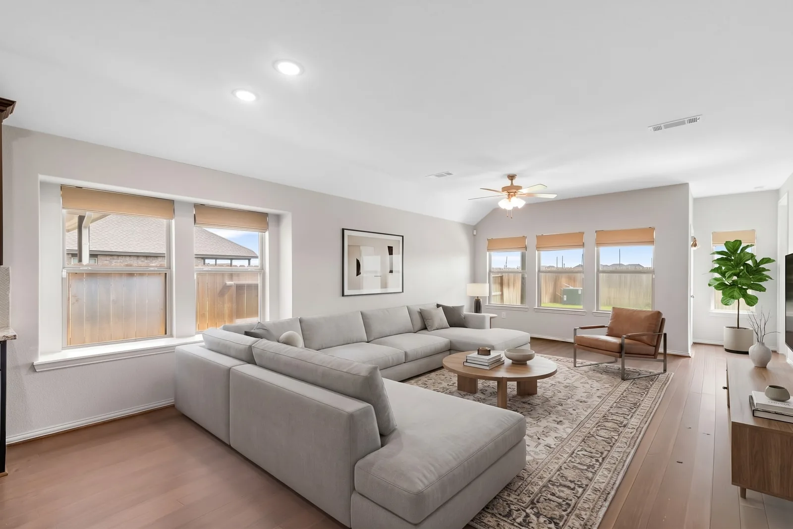 Family room, virtually staged in a Modern style by AI