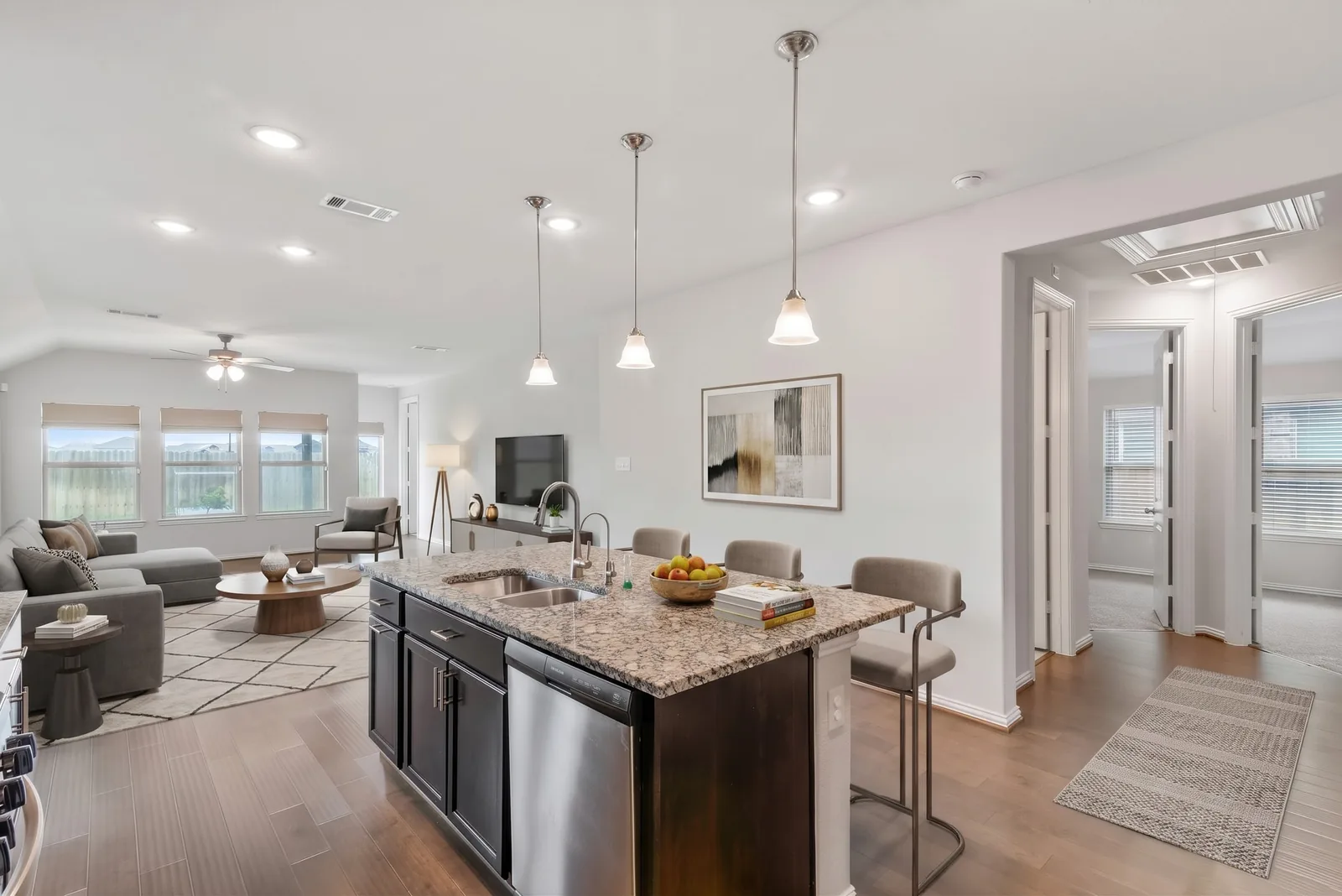 Kitchen & living area, virtually staged in a Modern style by AI